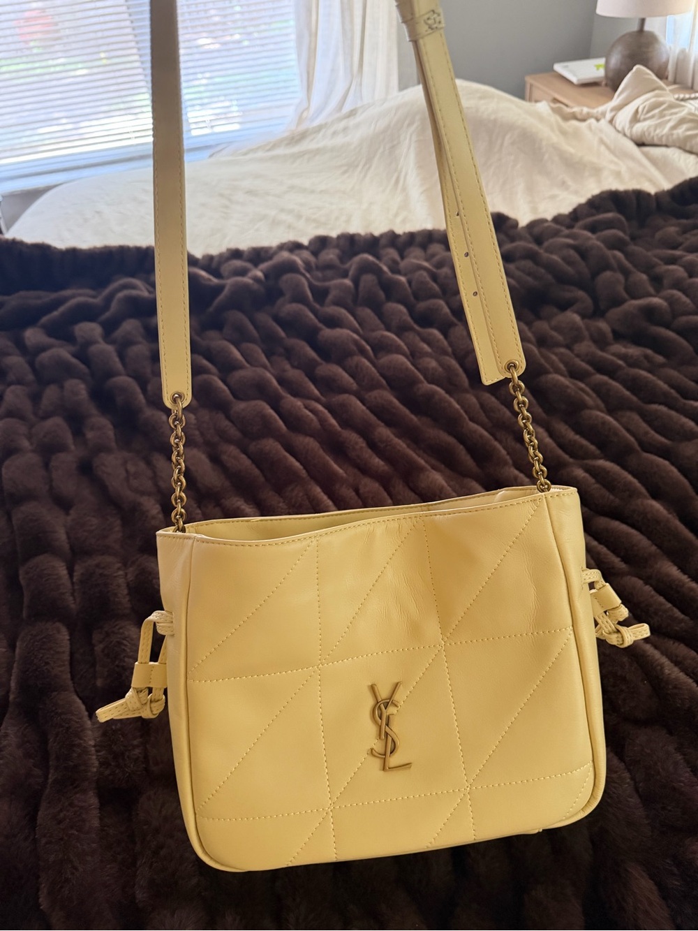 Saint Laurent Pale Yellow Quilted Leather Shoulder Bag with YSL Logo